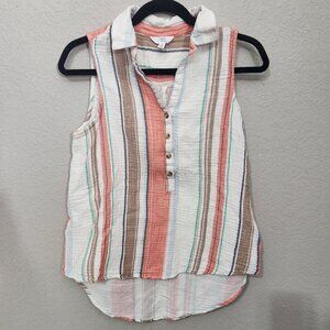 Time And Tru Sleeveless Striped Button-Down Top Womens S Multicolor Cotton Blend